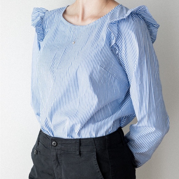 J. Crew Blue and White Striped Blouse with Ruffle Sleeves - Picture 2 of 6